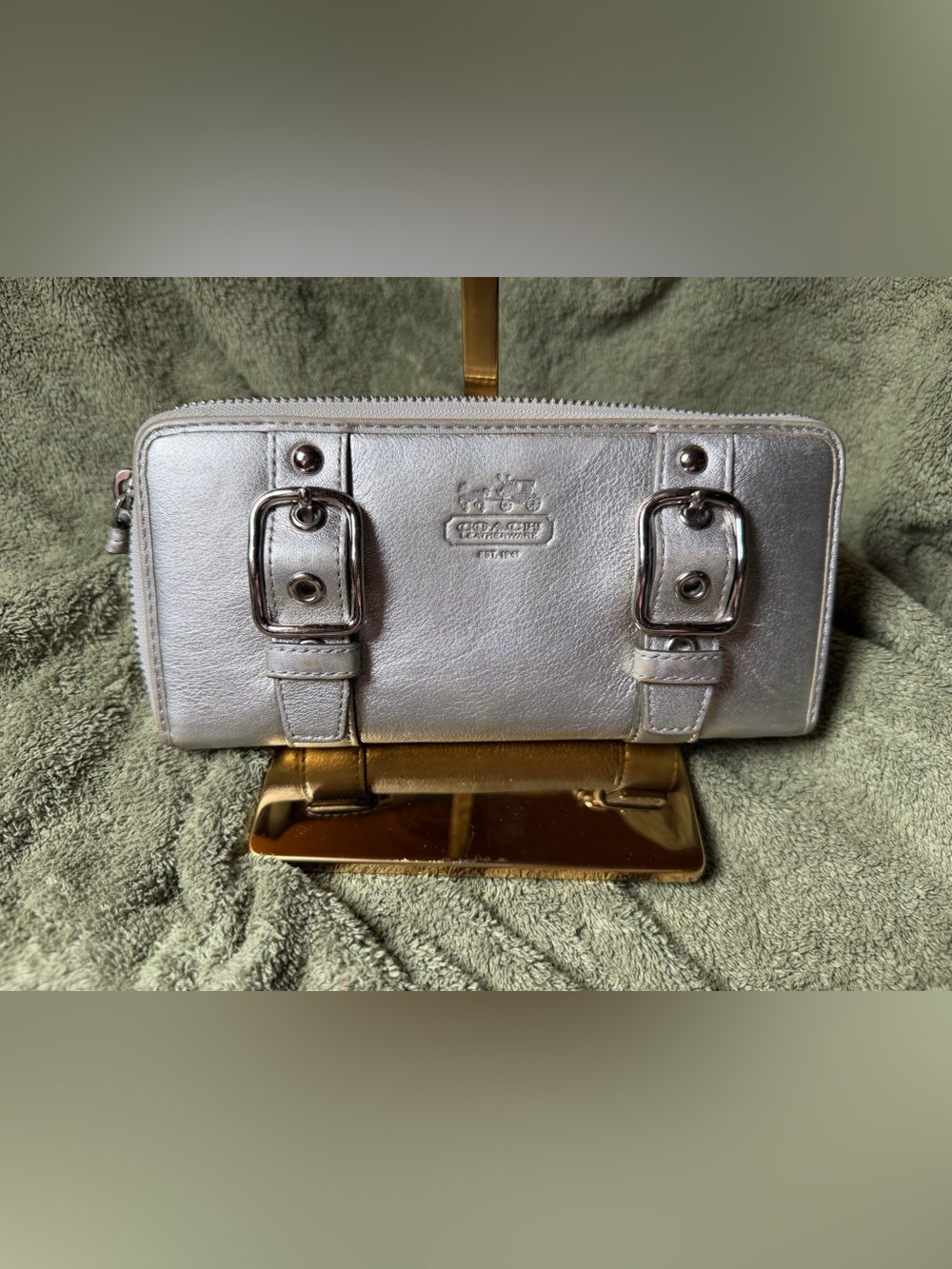 Coach Soho Zoe Double Buckle Metallic Silver Leather Zip-Around Wallet
